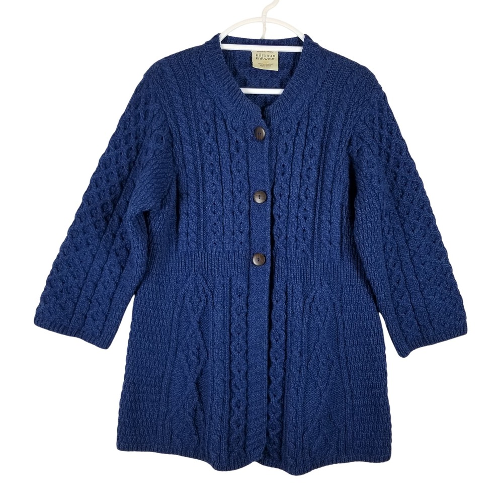 Kilronan Knitwear Blue Wool Aran Cable Knit Cardigan Sweater Ireland Womens L